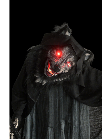 Monstre loup horreur, hauteur 170 cm environ avec faux, lumières, son et mouvement (piles non comprises) sur piédestal