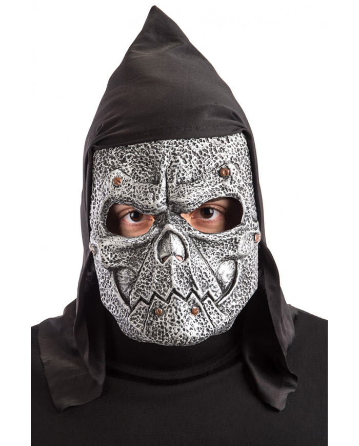 Latex mask depicting a tin demon with bolts and fabric hood.
