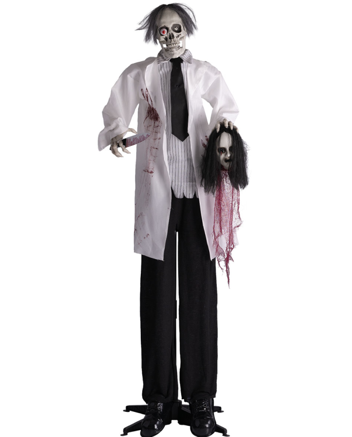 Squelette docteur horreur, hauteur 180 cm environ avec lumières, son et mouvement (piles non comprises) sur piédestal