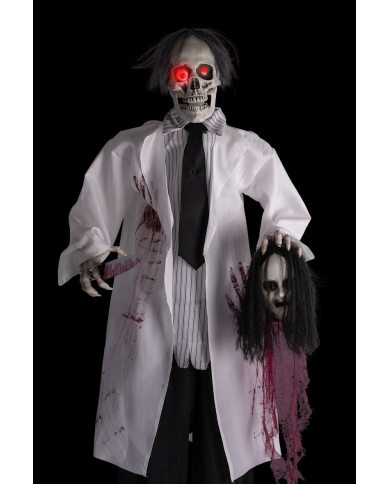 Esqueleto doctor horror de unos 180 cm. de alto con luces, sonido y movimiento (pilas no incluidas) sobre pedestal