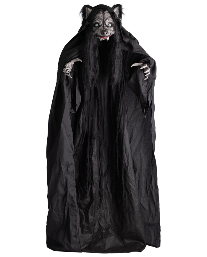 Monstre femme loup, hauteur 180 cm environ avec lumières, son et mouvement (piles non comprises) sur piédestal