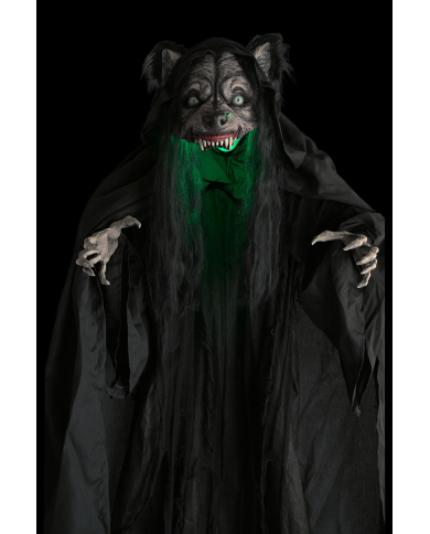 Monstre femme loup, hauteur 180 cm environ avec lumières, son et mouvement (piles non comprises) sur piédestal