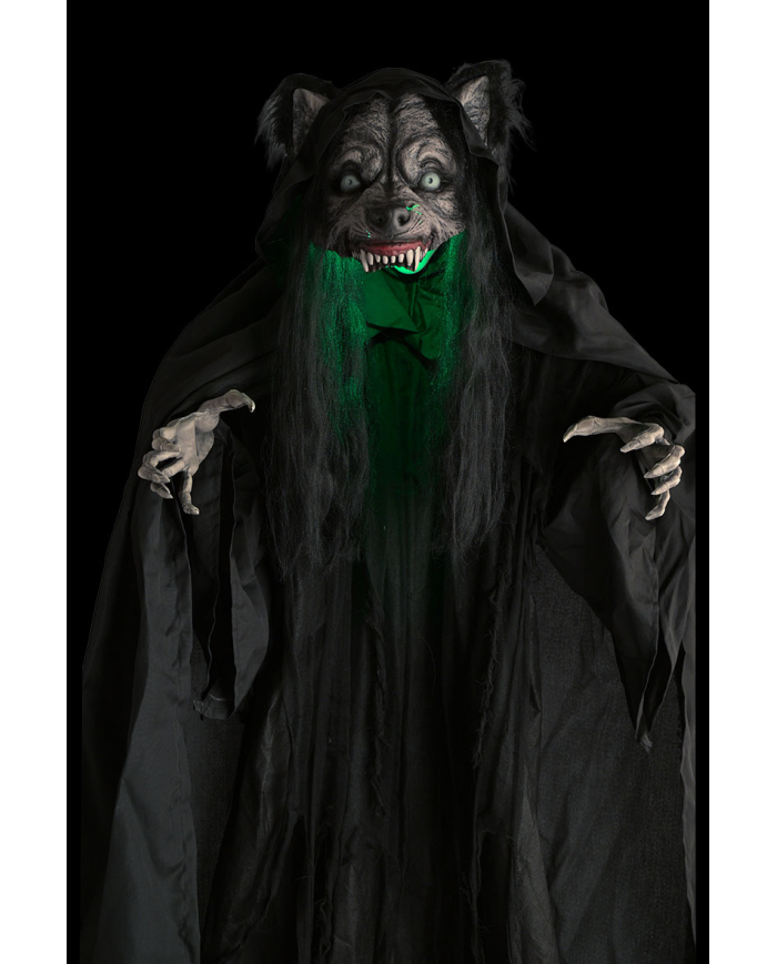 Monstre femme loup, hauteur 180 cm environ avec lumières, son et mouvement (piles non comprises) sur piédestal