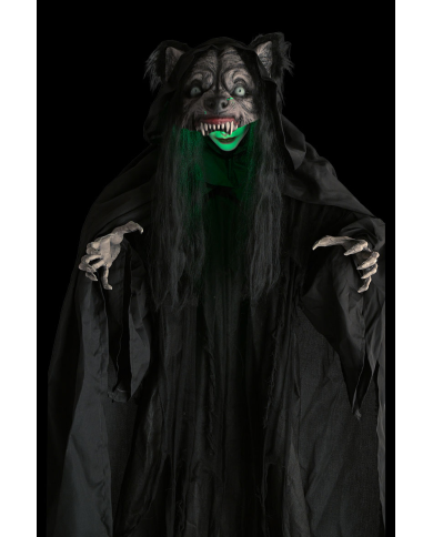 Monstre femme loup, hauteur 180 cm environ avec lumières, son et mouvement (piles non comprises) sur piédestal