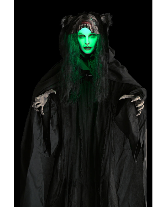 Monstre femme loup, hauteur 180 cm environ avec lumières, son et mouvement (piles non comprises) sur piédestal