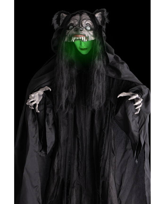 Monstre femme loup, hauteur 180 cm environ avec lumières, son et mouvement (piles non comprises) sur piédestal