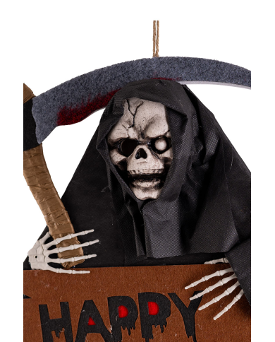 Squelette à suspendre avec faux et enseigne en feutre, hauteur 92x42 cm environ avec étiquette volante/étiquette