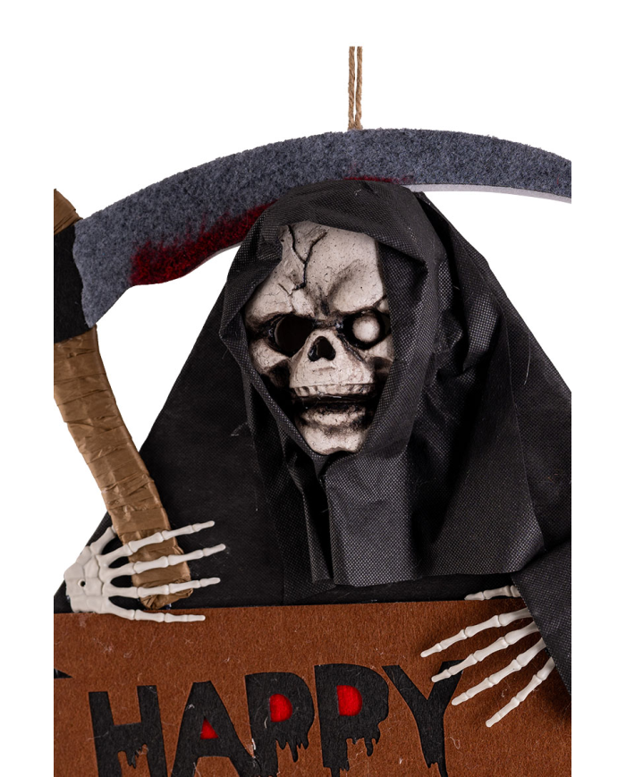 Hanging skeleton with sickle and felt sign h.cm. 92x42 with hangtag/label