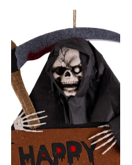 Hanging skeleton with sickle and felt sign h.cm. 92x42 with hangtag/label