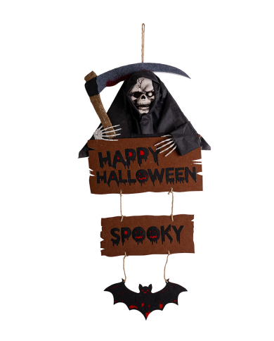 Squelette à suspendre avec faux et enseigne en feutre, hauteur 92x42 cm environ avec étiquette volante/étiquette