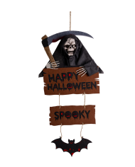 Hanging skeleton with sickle and felt sign h.cm. 92x42 with hangtag/label