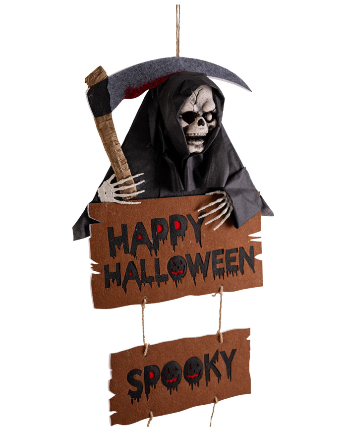 Hanging skeleton with sickle and felt sign h.cm. 92x42 with hangtag/label