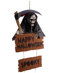 Hanging skeleton with sickle and felt sign h.cm. 92x42 with hangtag/label