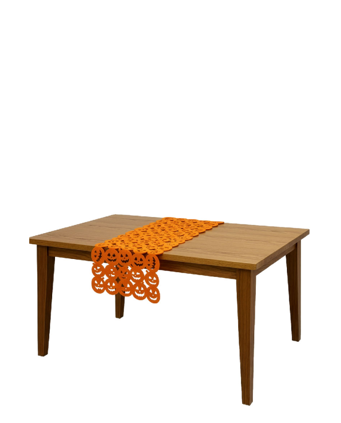 Camino de mesa naranja de fieltro con calabazas de unos 120x30 cm. con etiqueta colgante/etiqueta