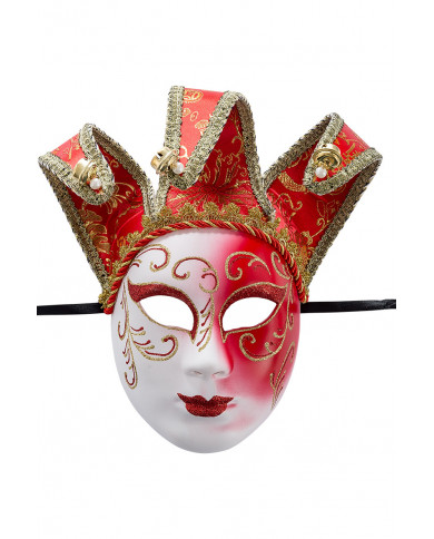Plastic jolly mask with decorations and crest of damask fabric Plastic jolly mask with decorations and crest of damask fabric