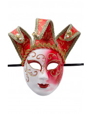 Plastic jolly mask with decorations and crest of damask fabric Plastic jolly mask with decorations and crest of damask fabric