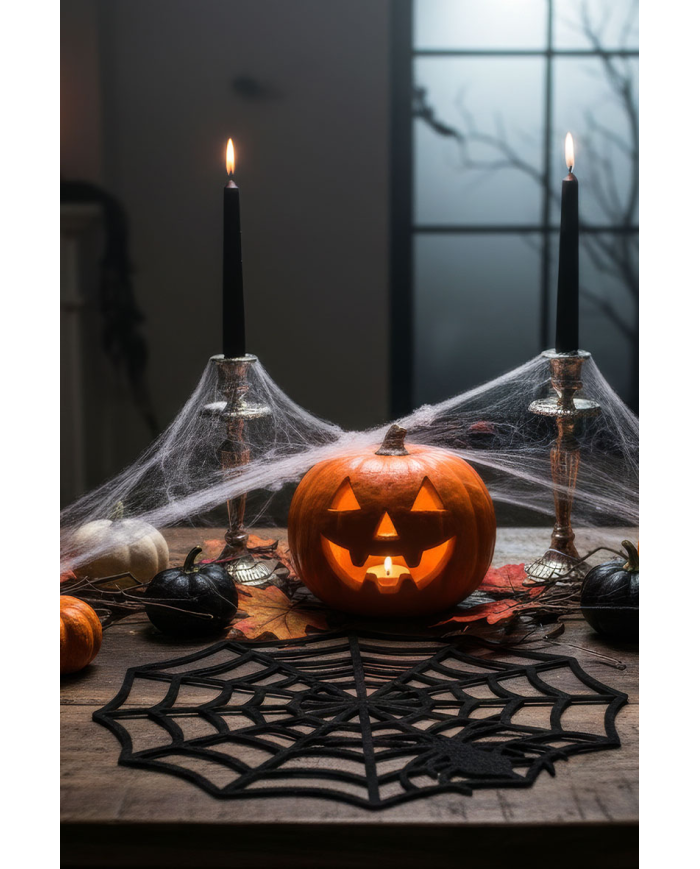 Sottopiatto ragnatela nero in feltro diam.cm.38 ca. con cartellino/etichetta