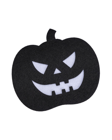 4 sous-verres citrouille noire en feutre 12x11 cm environ dans un sachet avec carte d’en-tête