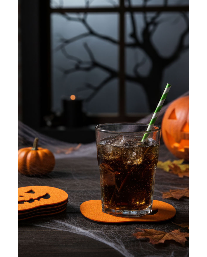 4 posavasos calabaza de fieltro de unos 12x11 cm. en bolsa con solapa de cartón