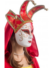 Plastic jolly mask with decorations and crest of damask fabric Plastic jolly mask with decorations and crest of damask fabric