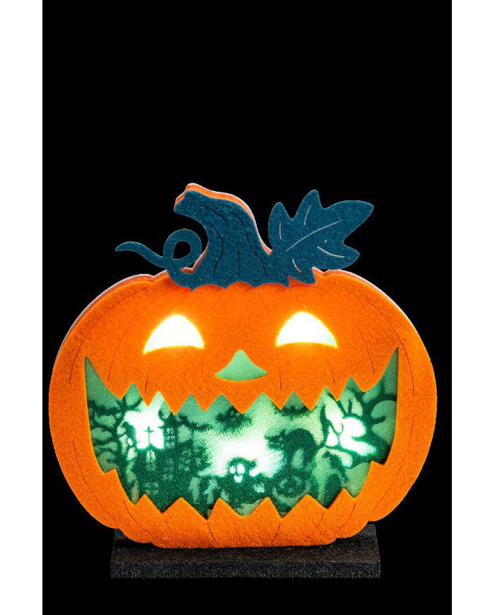 Adorno calabaza de fieltro de unos 20x20 cm. de alto con luces con base de apoyo (pilas no incluidas) con etiqueta colga...
