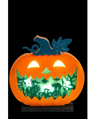 Adorno calabaza de fieltro de unos 20x20 cm. de alto con luces con base de apoyo (pilas no incluidas) con etiqueta colga...