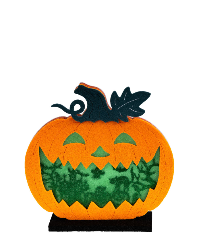 Decorazione zucca in feltro h.cm.20x20 con luci con base appoggio (batterie escluse) con cartellino/etichetta