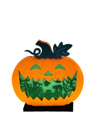 Decorazione zucca in feltro h.cm.20x20 con luci con base appoggio (batterie escluse) con cartellino/etichetta