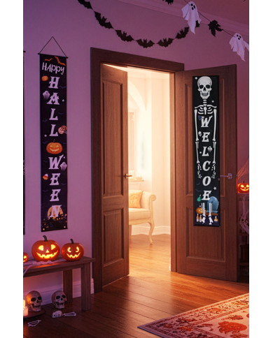 2 pancartas de tela Happy Halloween de unos 180 cm. de alto x 30 cm. de largo en bolsa con solapa de cartón