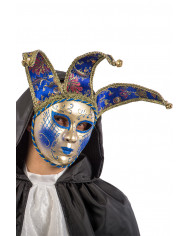 Plastic jolly mask with decorations and crest of damask fabric Plastic jolly mask with decorations and crest of damask fabric