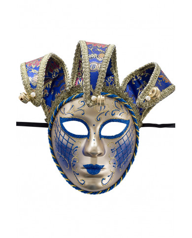 Plastic jolly mask with decorations and crest of damask fabric Plastic jolly mask with decorations and crest of damask fabric