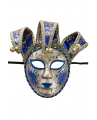 Plastic jolly mask with decorations and crest of damask fabric Plastic jolly mask with decorations and crest of damask fabric