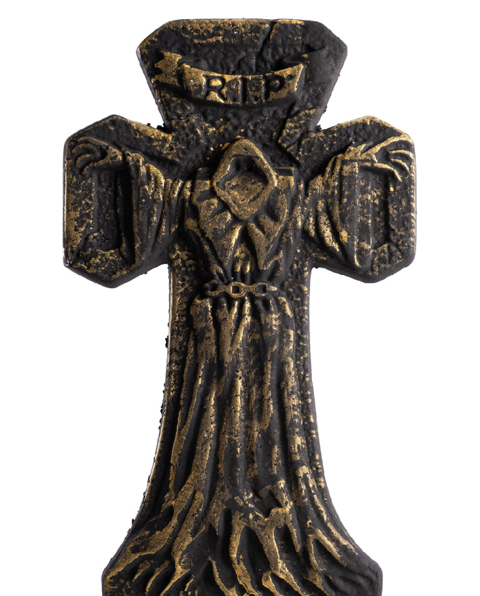 Kreuzförmiger Grabstein aus Polystyrol H. ca. 58x34 cm mit Pappschild/Etikett