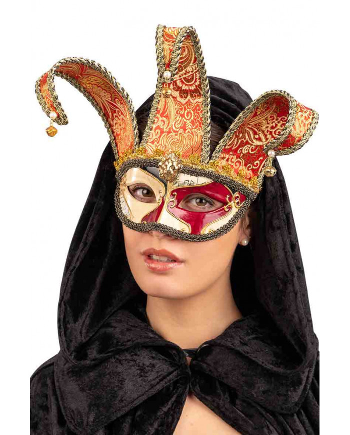 Jolly half face mask in golden plastic, with red and black