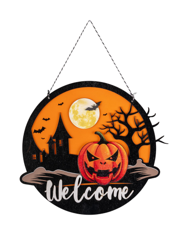 Halloween-Dekoration zum Aufhängen aus MDF Durchm. ca. 30 cm mit Pappschild/Etikett