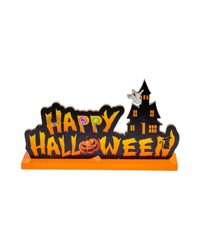 Decorazione Happy Halloween in MDF d'appoggio lungh.cm.28 ca. con cartellino/etichetta