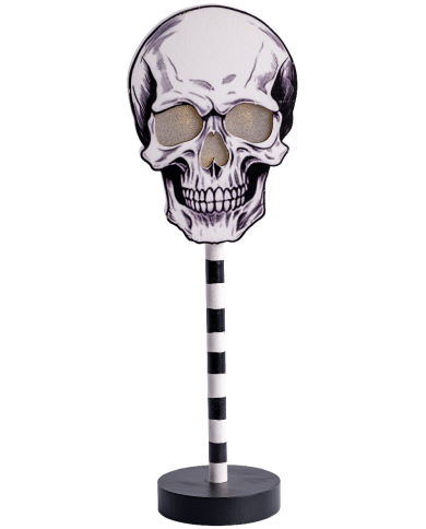 Adorno calavera con luces de MDF de apoyo de unos 32 cm. de alto (pilas incluidas) con etiqueta colgante/etiqueta