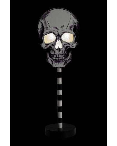 Adorno calavera con luces de MDF de apoyo de unos 32 cm. de alto (pilas incluidas) con etiqueta colgante/etiqueta