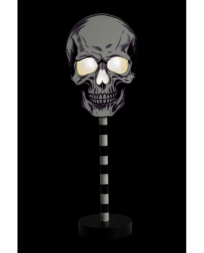 Totenkopf-Dekoration mit Licht aus MDF zum Hinstellen H. ca. 32 cm (Batterien enthalten) mit Pappschild/Etikett