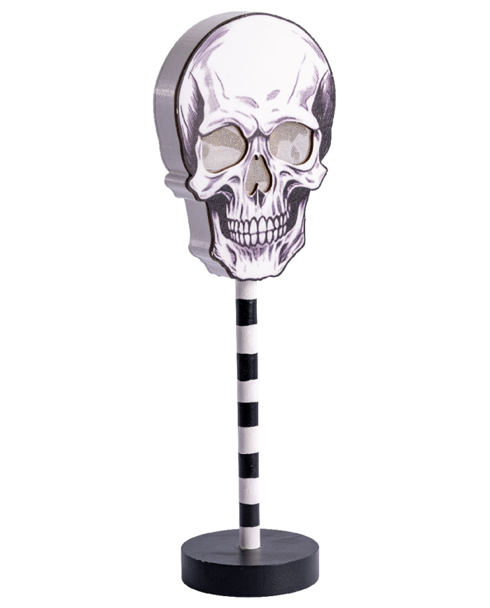 Adorno calavera con luces de MDF de apoyo de unos 32 cm. de alto (pilas incluidas) con etiqueta colgante/etiqueta