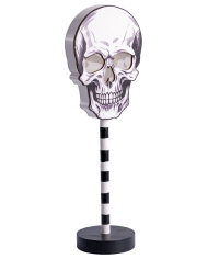 Adorno calavera con luces de MDF de apoyo de unos 32 cm. de alto (pilas incluidas) con etiqueta colgante/etiqueta