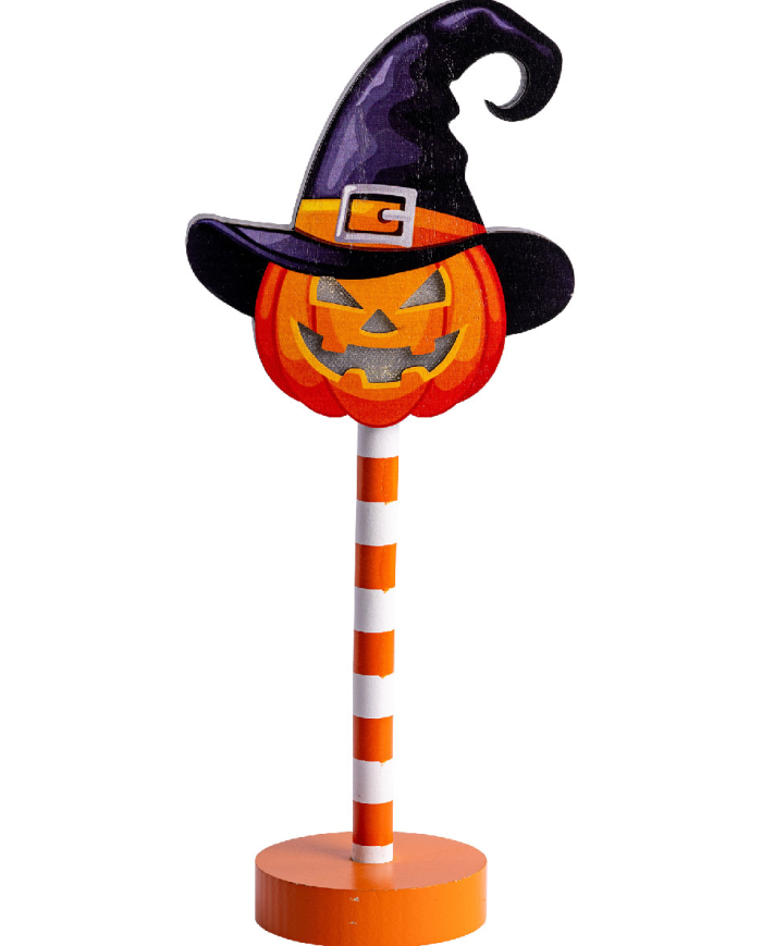 Adorno calabaza con luces de MDF de apoyo de unos 32 cm. de alto (pilas incluidas) con etiqueta colgante/etiqueta