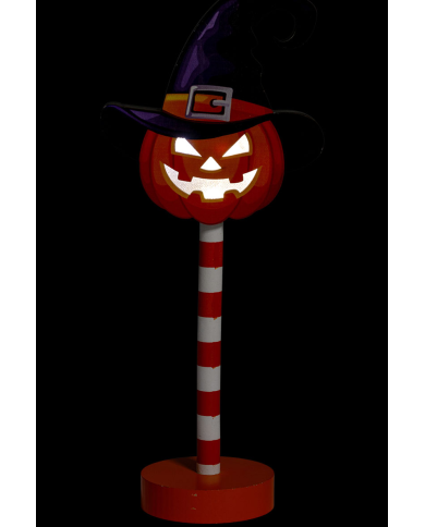 Adorno calabaza con luces de MDF de apoyo de unos 32 cm. de alto (pilas incluidas) con etiqueta colgante/etiqueta