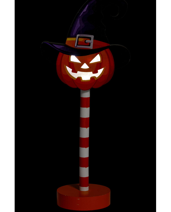 Adorno calabaza con luces de MDF de apoyo de unos 32 cm. de alto (pilas incluidas) con etiqueta colgante/etiqueta