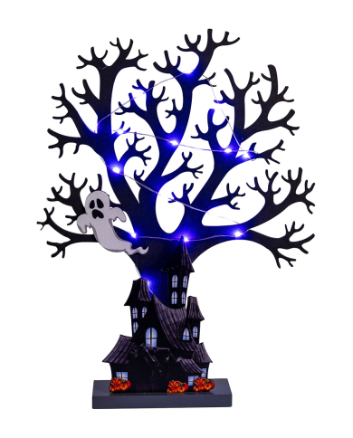 Arbre Halloween avec lumières en MDF à poser, hauteur 35 cm environ (piles comprises) avec étiquette volante/étiquette