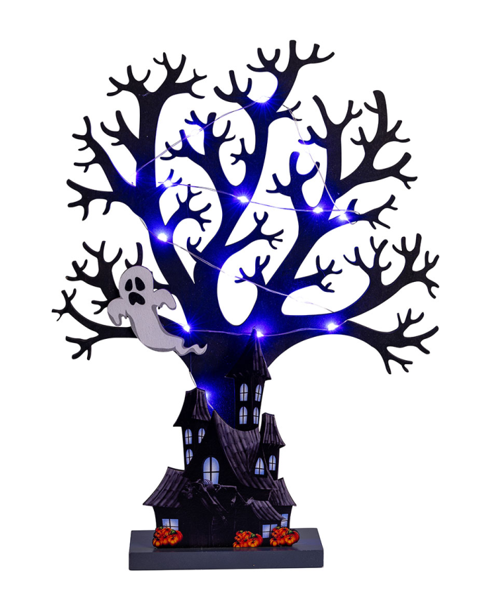 Halloween-Baum mit Licht aus MDF zum Hinstellen H. ca. 35 cm (Batterien enthalten) mit Pappschild/Etikett