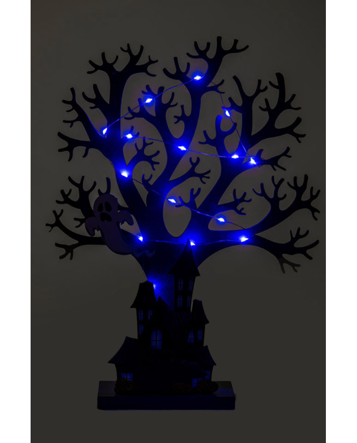 Halloween-Baum mit Licht aus MDF zum Hinstellen H. ca. 35 cm (Batterien enthalten) mit Pappschild/Etikett