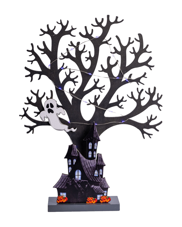 Albero Halloween con luci in MDF in appoggio h.cm.35 ca. (batterie incluse) con cartellino/etichetta