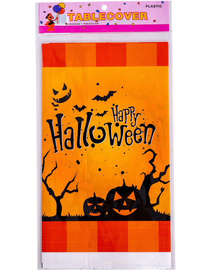 Nappe en plastique Happy Halloween, longueur 180x108 cm environ dans un sachet avec carte d’en-tête