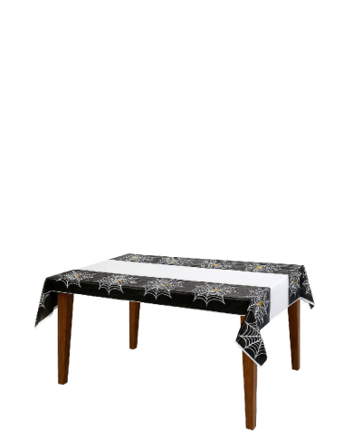 Nappe en plastique noir avec toile d’araignée, longueur 180x108 cm environ dans un sachet avec carte d’en-tête